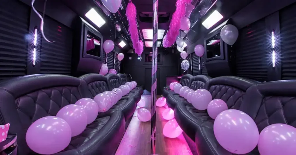 Foto interna de um Party Bus com bancos pretos bem decorados, balões rosas em cima dos bancos e um pole dance bem no centro.