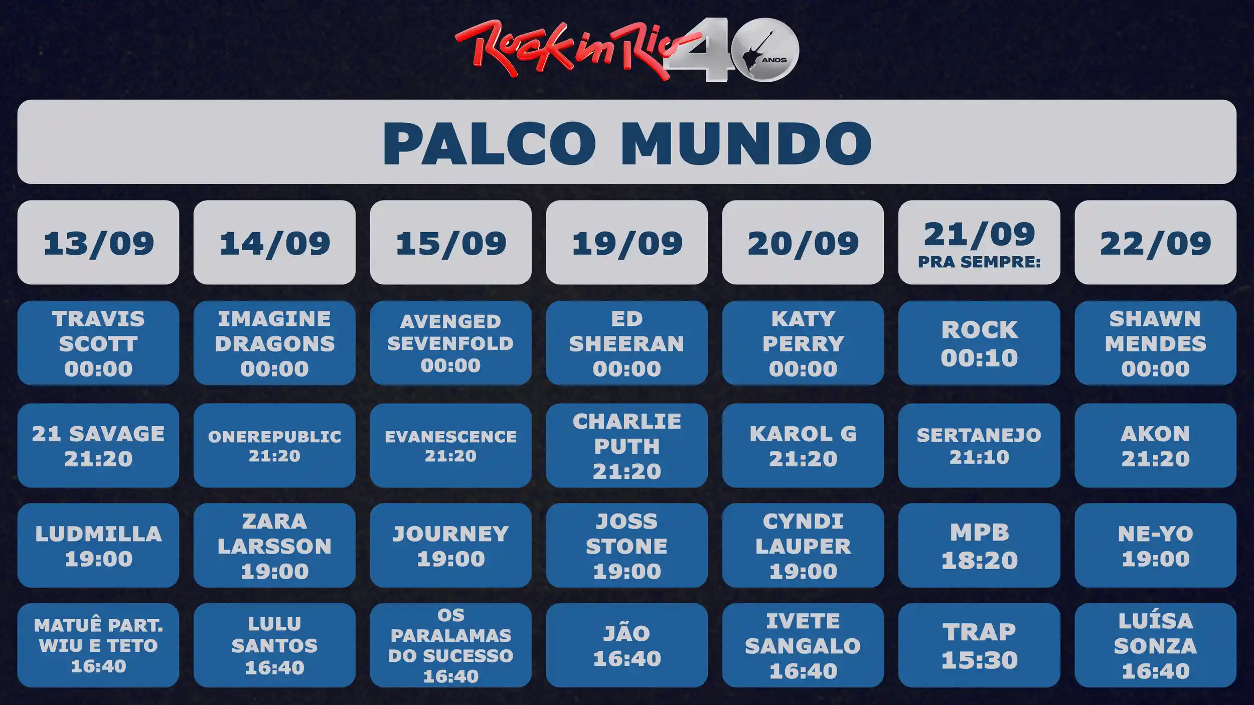 Horários das atrações no palco mundo na edição do Rock in Rio de 2024