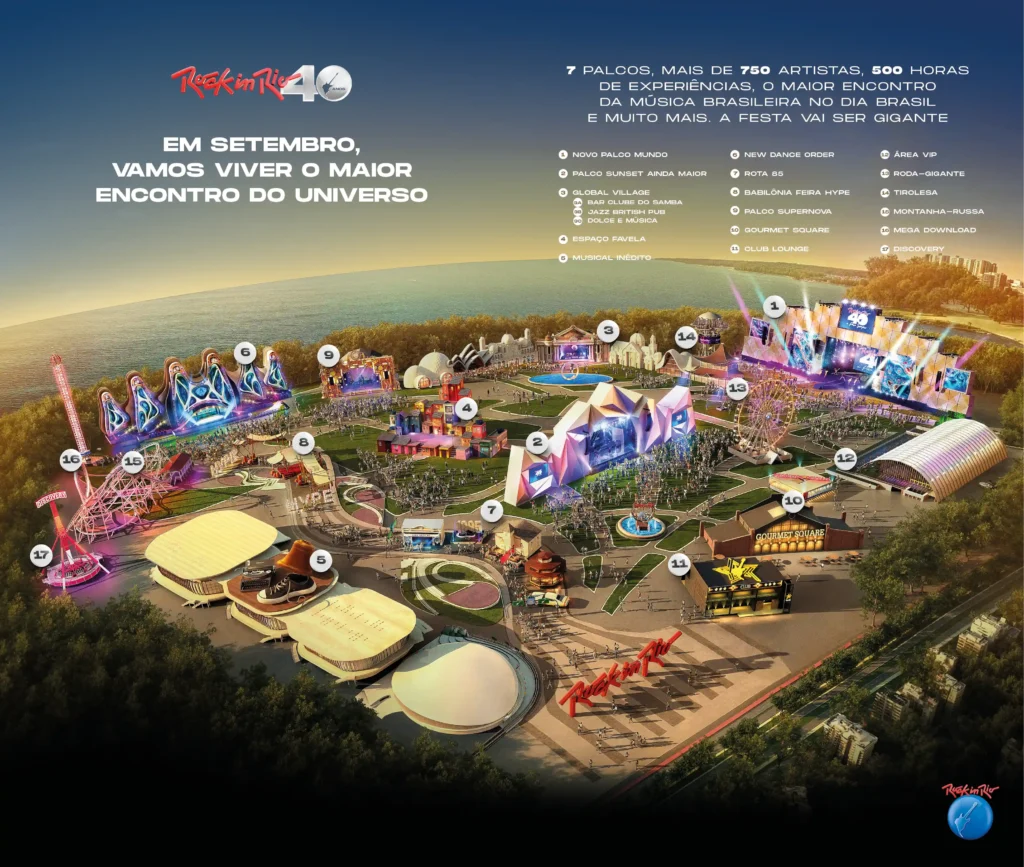 Mapa ilustrativo dos palcos e experiências do Rock in Rio 2024